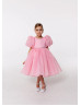 Puff Sleeves Organza Flower Girl Dress With Beaded Sash